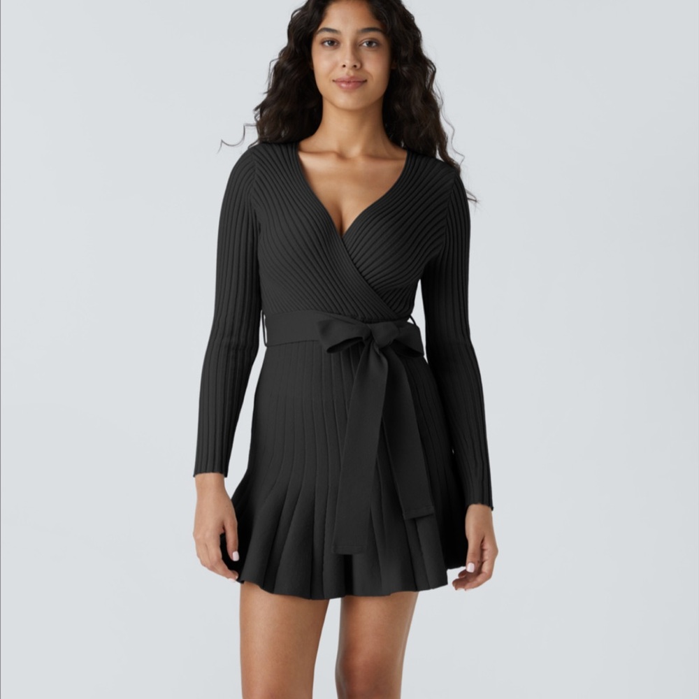 HALARA Black Ribbed Wrap Long-Sleeve Mini Dress with Tie Waist